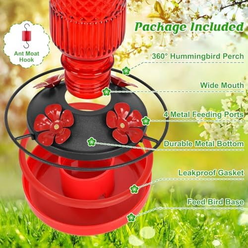 Glass Hummingbird Feeder for Outdoors Hanging, 16 OZ Humming Bird Feeders with 4 Bee Guard Feeding Ports & Built-in Ant Moat, Hummingbird Gifts for Mom Bird Feeder for Outside, Red,2 Pack