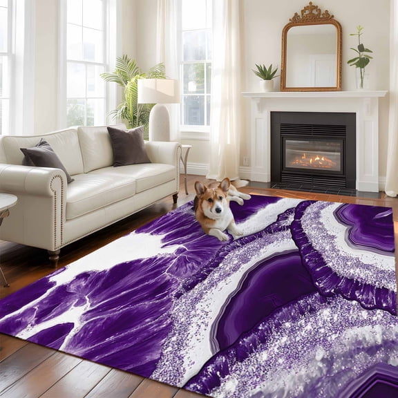 Abstract Marble Texture Large Area Rugs 8x10 ft White Dark Purple Cracke Rock Washable Rug Non Slip Indoor Carpet Absorbent Floor Mat for Living Room Bedroom Dining Room