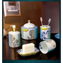 Heavenly Designs Watson Bathroom Accessories - Blue & Yellow 5 Piece Porcelain Bathroom Set - Adult