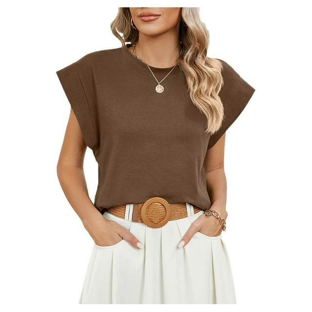 Women Summer Cap Sleeve Tank Top Crew Neck Loose Fit Casual Tee Tops Pullover Vest For Dating