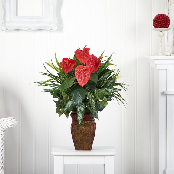 Nearly Natural Mixed Greens and Anthurium Silk Artificial Plant with Decorative Vase- 26"
