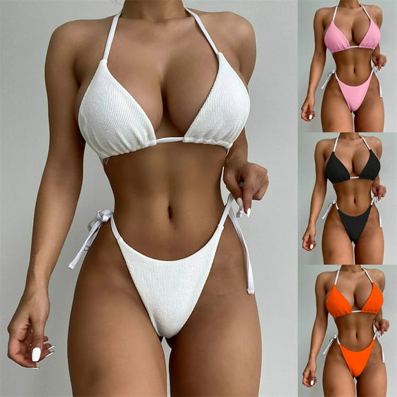Abcnature Women's Bikini Swimsuits Sets, Thong Bikini Sets B&age Solid Sexy Bikini Push-Up Padded Beachwear Set Swimwear Bikini Sets for Women Black L