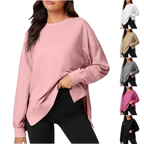Antinious Womens Solid Contrast Side Split Crewneck Long Sleeve Casual Streetwear,Fall Winter Savings!Sweatshirt for Women,Going Out Tops for Women,Hot Pink,L