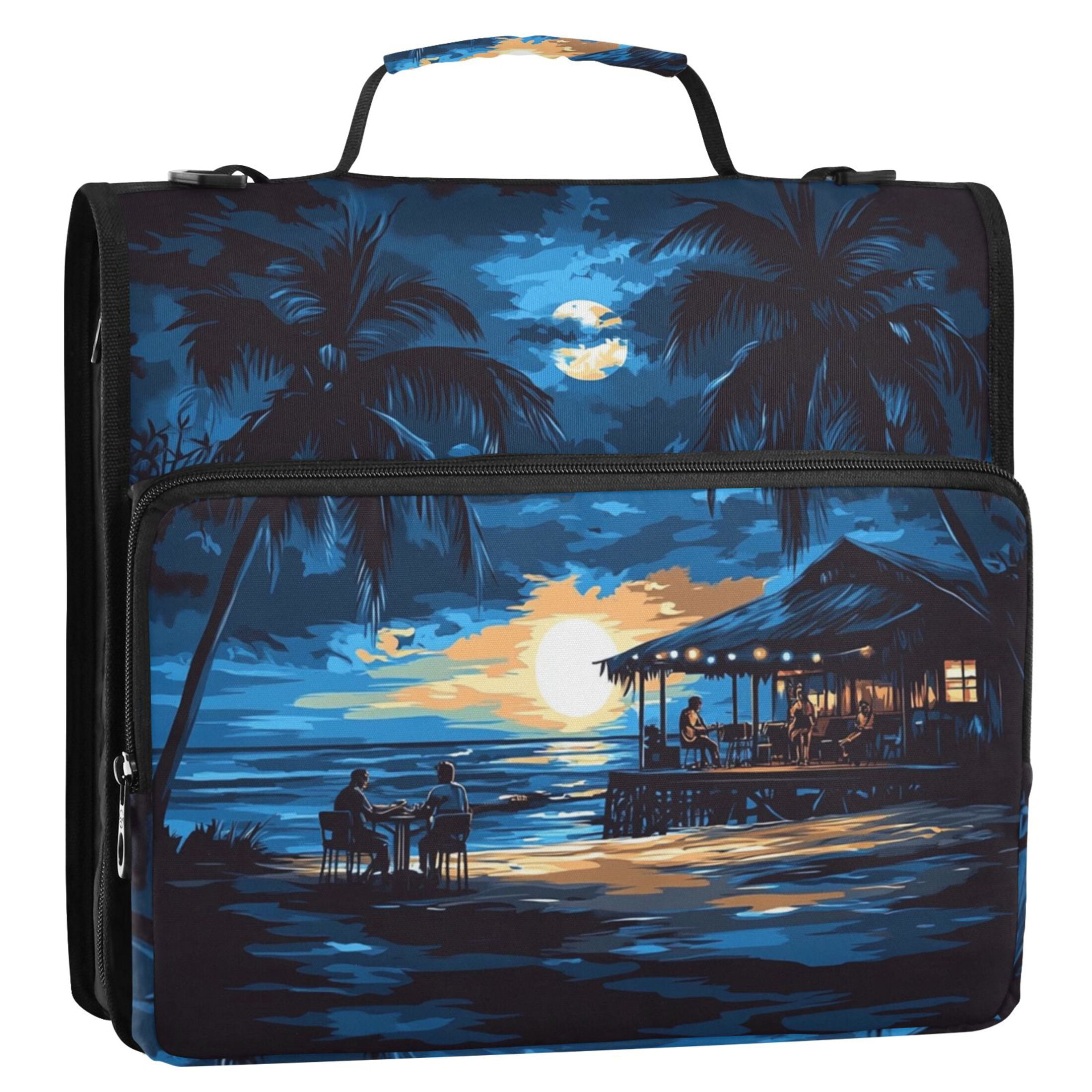 Zipper Binder Night Beach 1.5 Inch Binder Folder Bag with Shoulder Strap and Handle