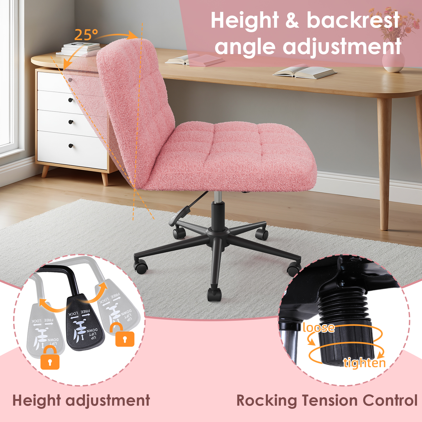 Pirecart Swivel Criss Cross Legged Office Chair, Armless Desk Chair with Wheels, Height Adjustable Vanity Chair with Comfy Cushion for Office, Vanity, Bedroom, Sherpa Fleece, Pink