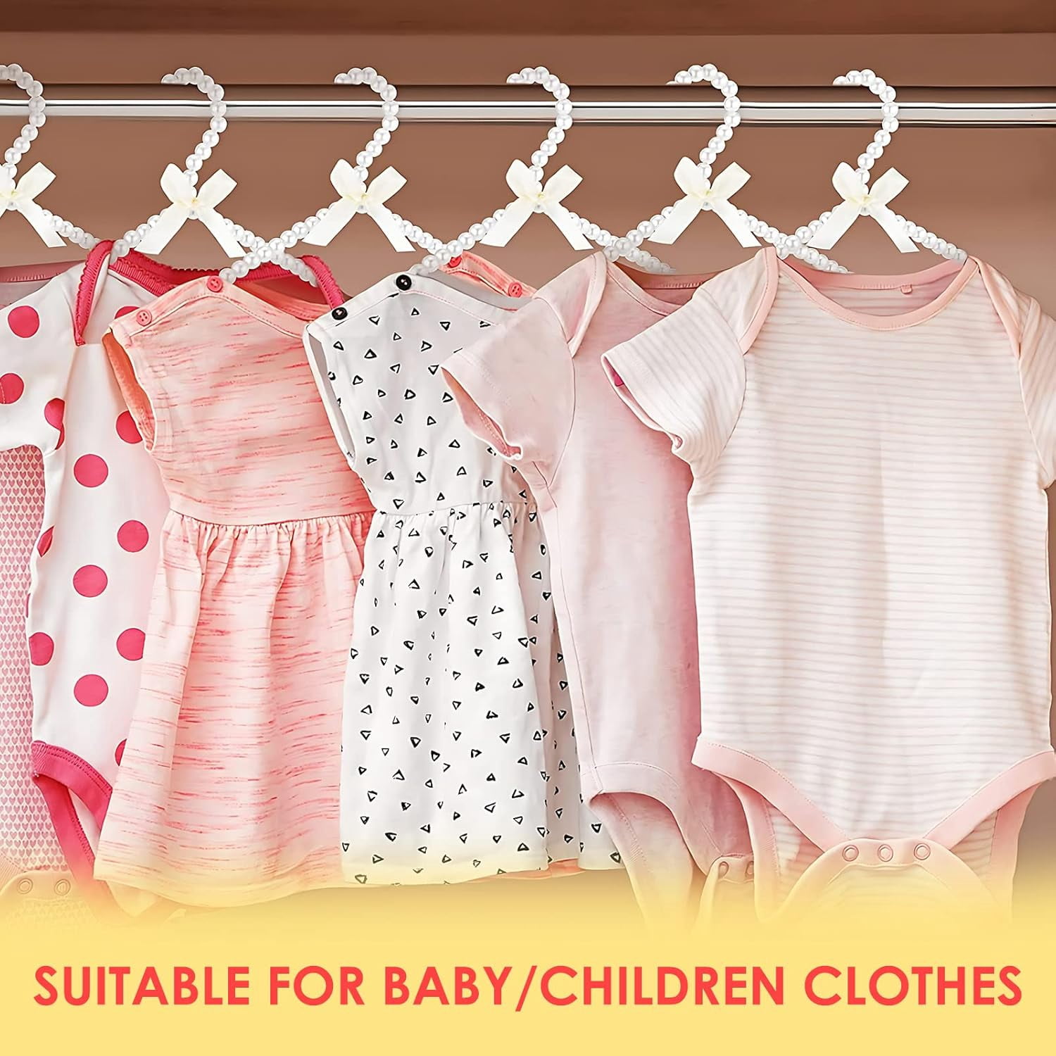 ABCISI 5 Pack Pearl Baby Hangers, Small Pearl Beads Bow Clothes Hangers, Elegant Standard Hangers for Children Pet Dog, Non Slip No Trace Garment Hangers for Laundry Room Use, 8in(White)