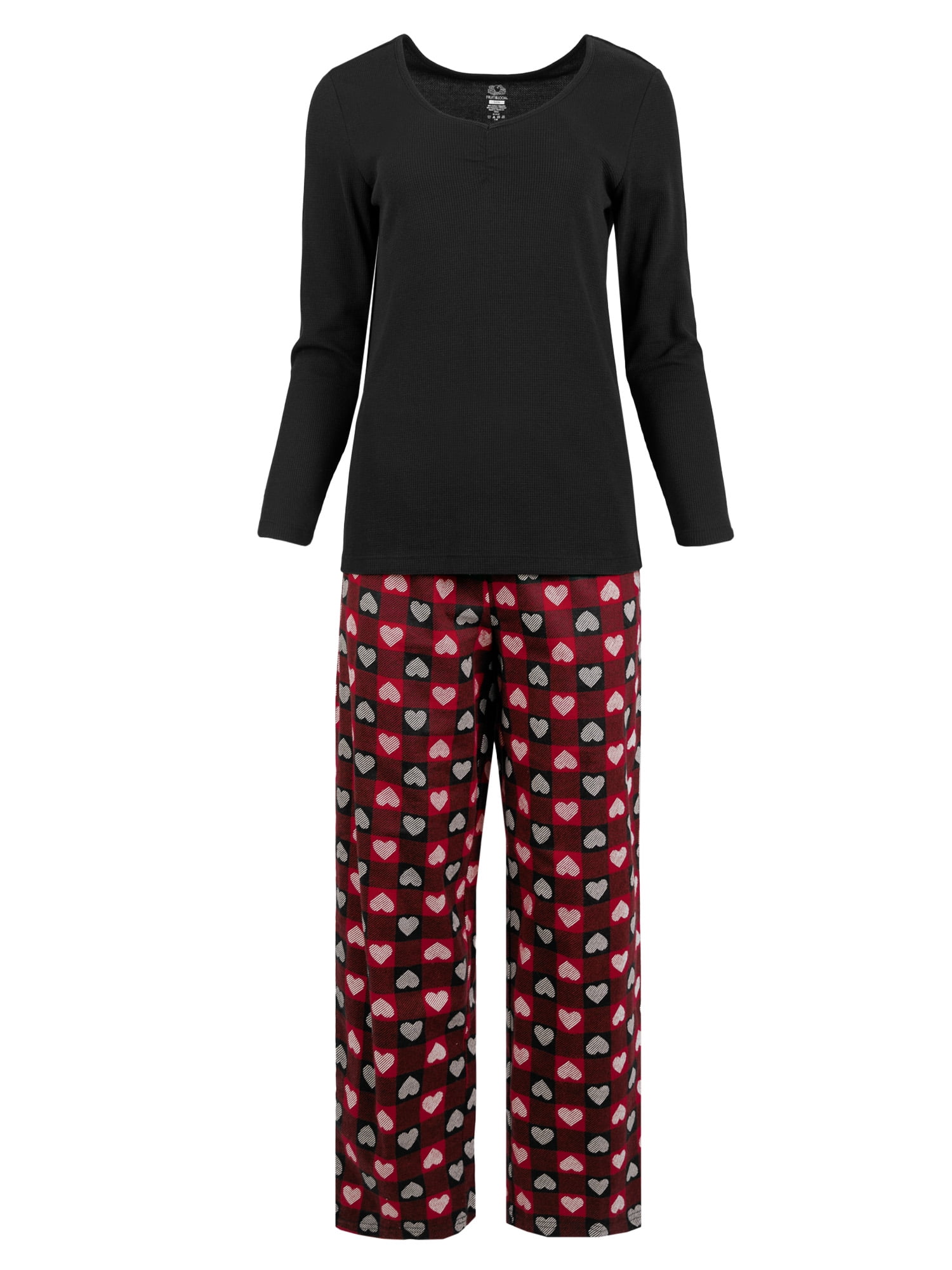 Fruit of the Loom Women's Beyond Soft Long Sleeve Waffle Top and Flannel Bottom Pajama Set, Sizes S-4X
