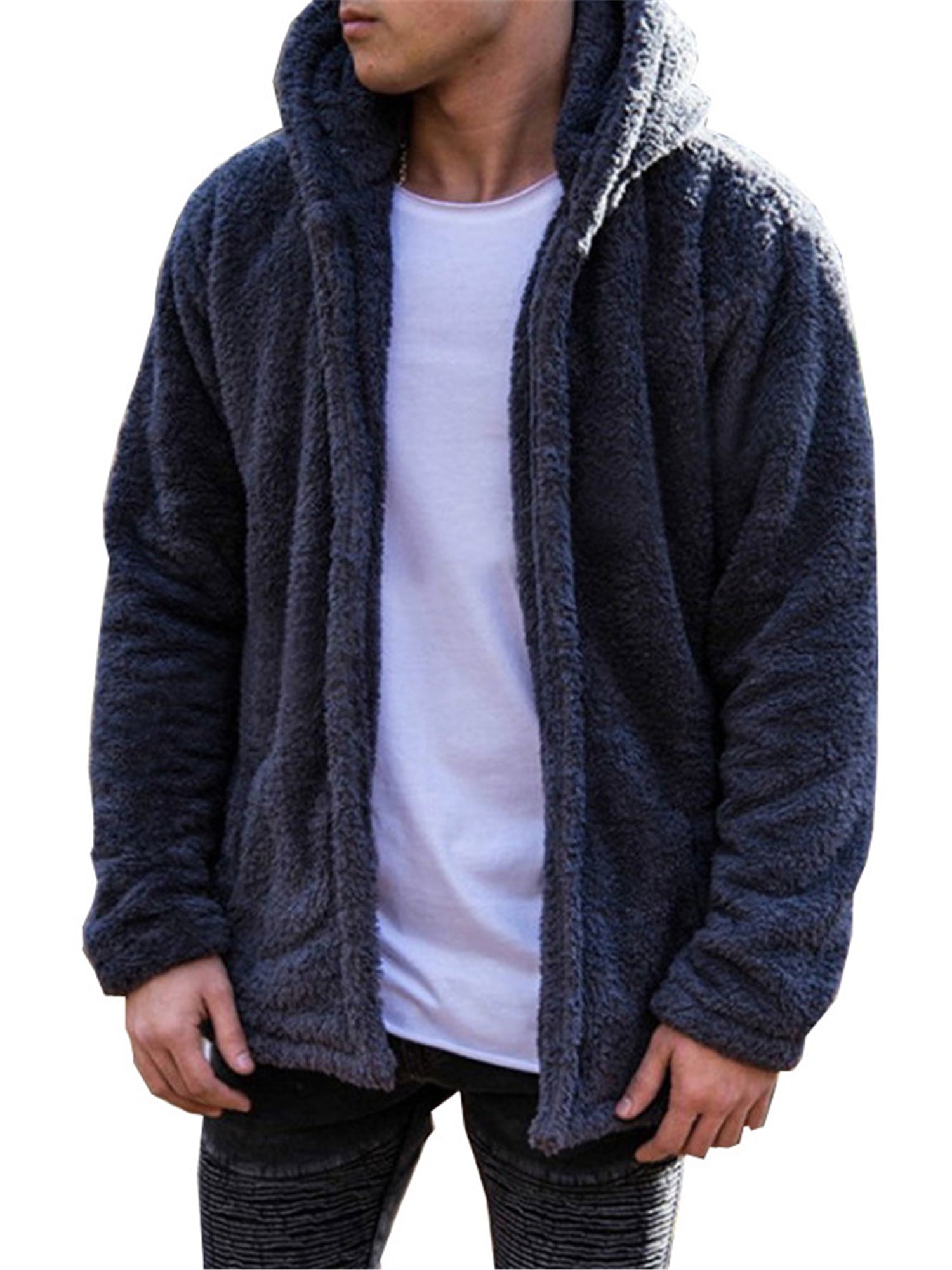 MK988 Mens Hooded Solid Fluffy Plus Size Thermal Open Front Pea Coat Trench Jacket Outerwear