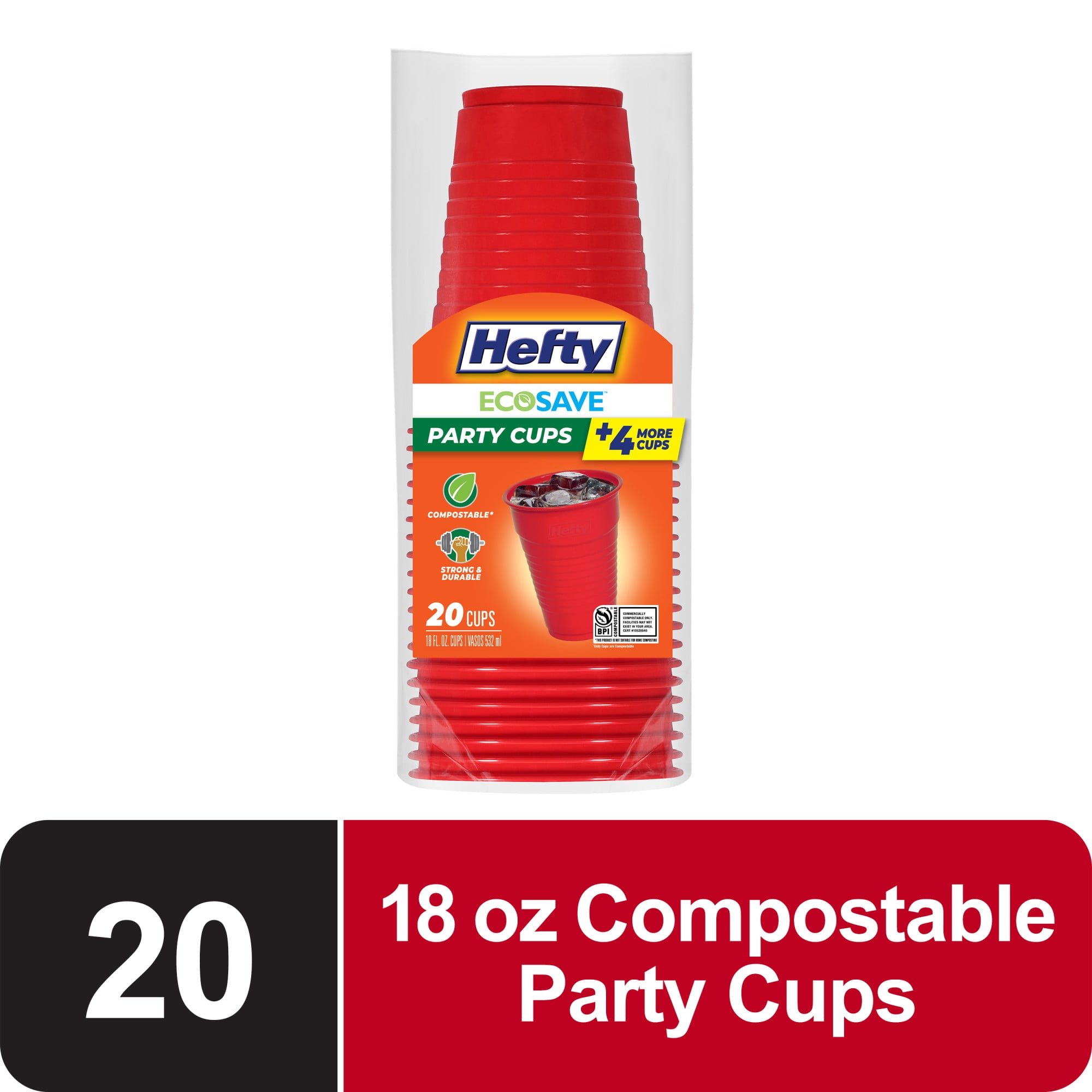 Hefty ECOSAVE Compostable Party Cups, Red, 18 oz., 20 Count