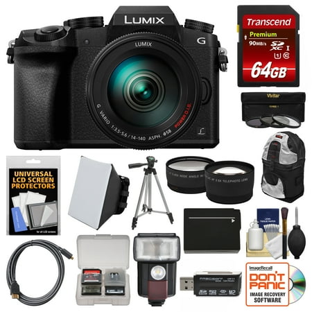 Panasonic Lumix DMC-G7 4K Wi-Fi Digital Camera & 14-140mm Lens with 64GB Card + Case + Flash + Battery + Tripod + Tele/Wide Lens Kit