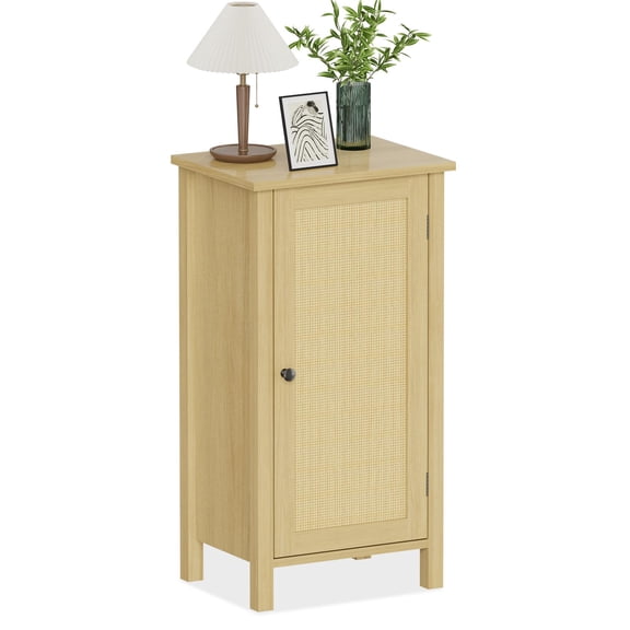 Accreate Rattan Nightstand with Storage, Narrow 2-Tier End Table with Wood Legs, Modern Boho Bedside Table for Small Spaces, Farmhouse Style