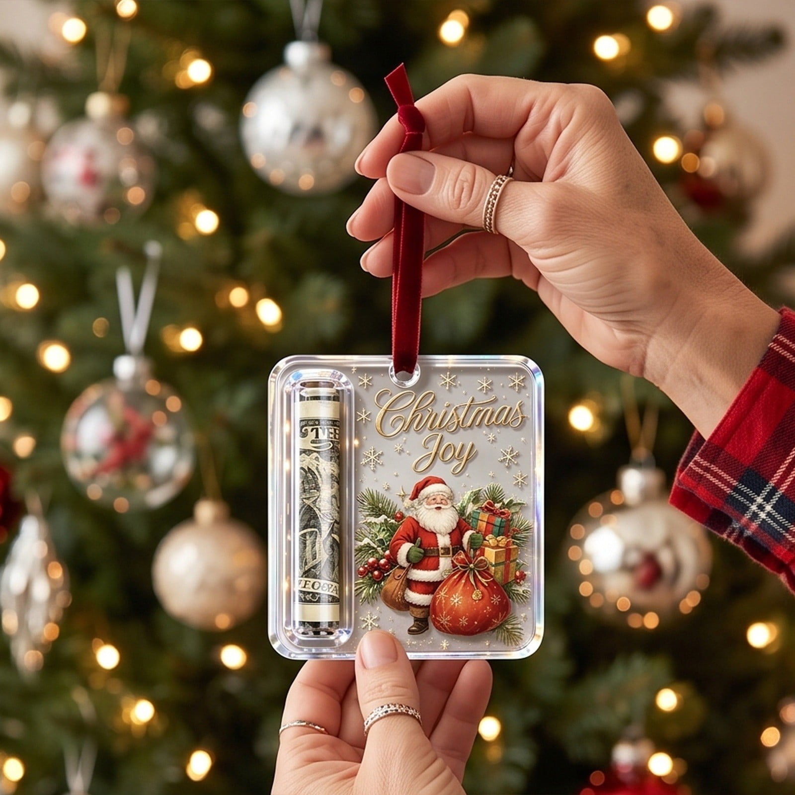 Acrylic Christmas Money Holder Ornament - Clear Holiday Cash & Gift Card Hanging Decoration K
