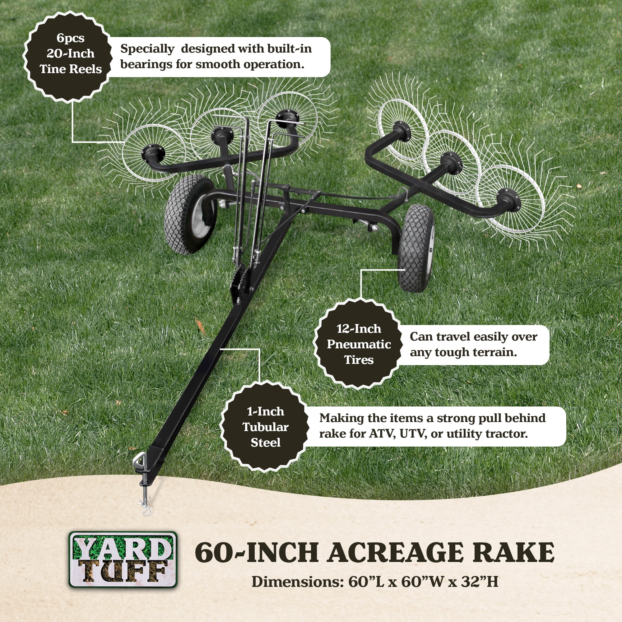 Yard Tuff 60” Steel Tow Behind Acreage Rake Lawn Sweeper with Pin Style Hitch, ACR-500T
