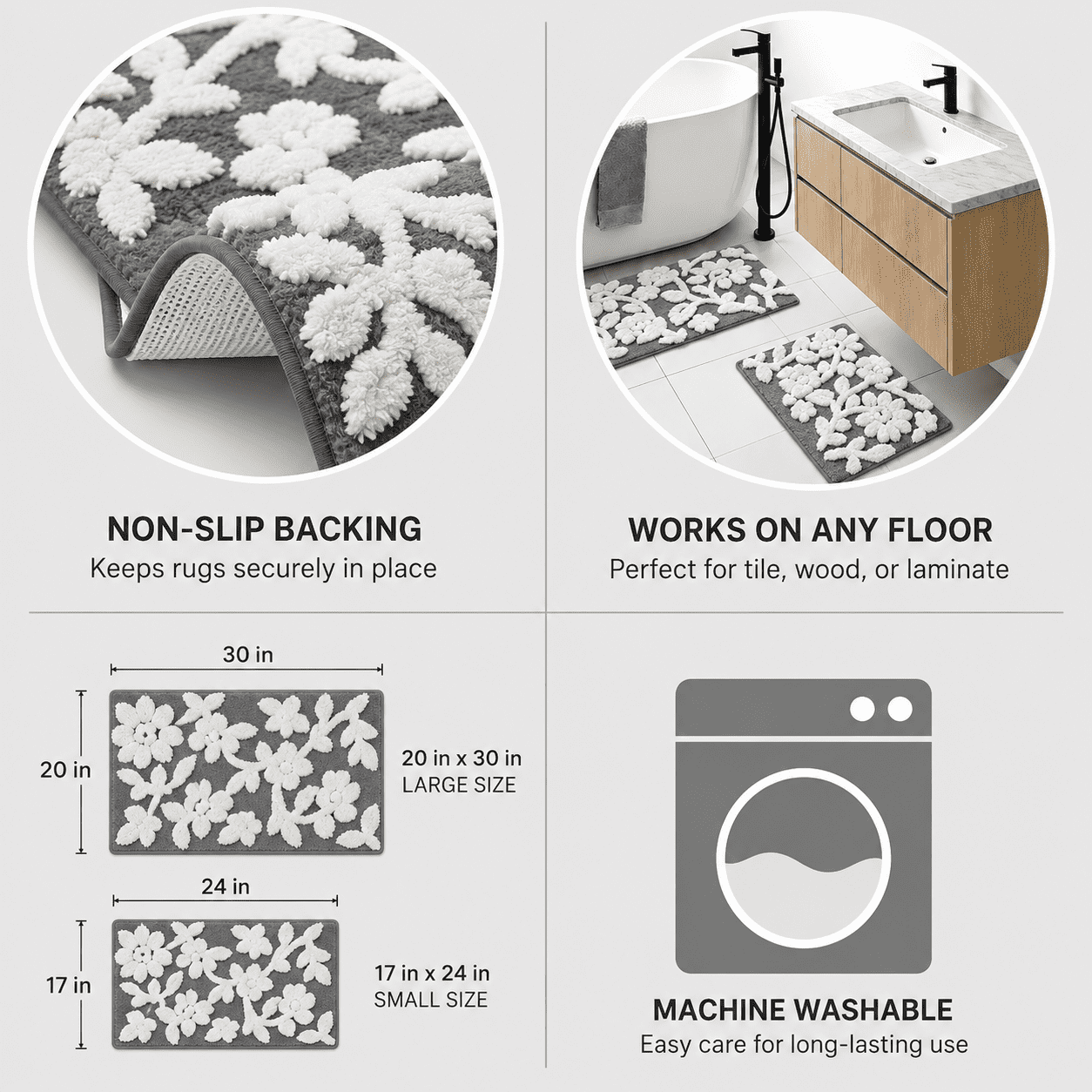 Mainstays 2 Piece Floral Bath Rug Set, Grey, 17" x 24" & 20" x 30"