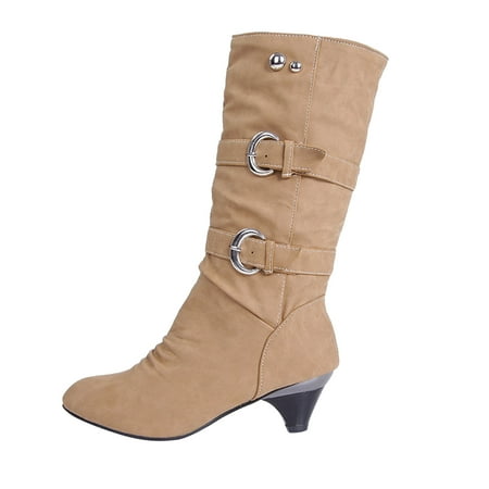 

Juebong Women Boots Winter Warm Mid Heel Fashion Slip-on Mid-calf Belt Buckle Casual Shoes Khaki Size 9
