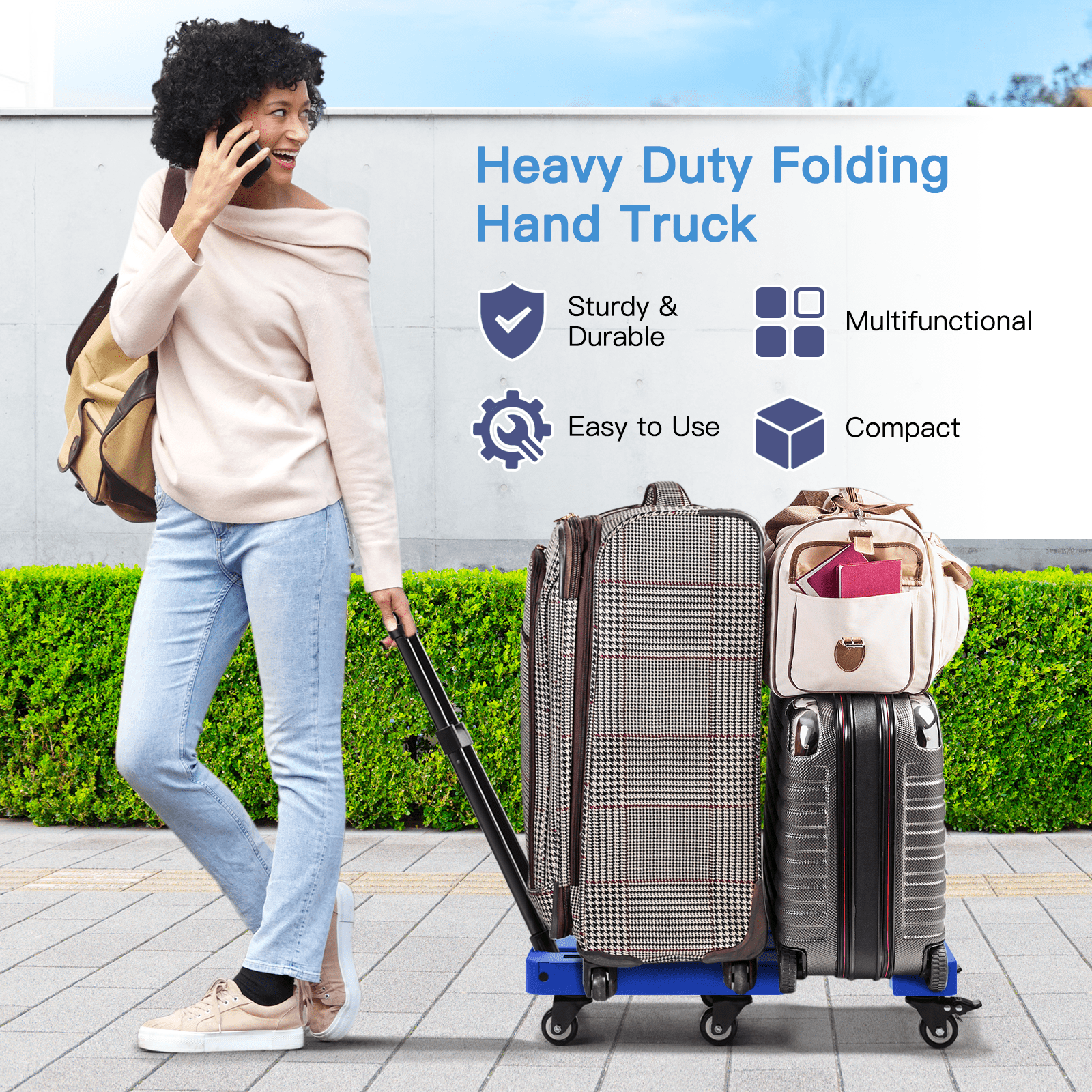 Folding Hand Truck, Heavy Duty Dolly Cart for Moving, 550 LBS Hand Truck With 6 Wheels & 2 Ropes for Luggage, Moving, Shopping, Office Use