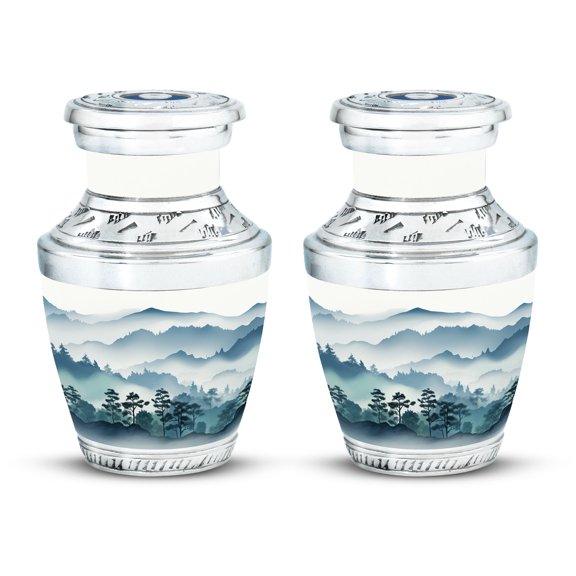 Silhouettes of Misty Mountains Precious Pebble - Small Urn for Ashes - Mini Memorial, Endearing Keepsake - Funeral Urns For Human Ashes - Memorial Urns 3 Inch, Set Of 2