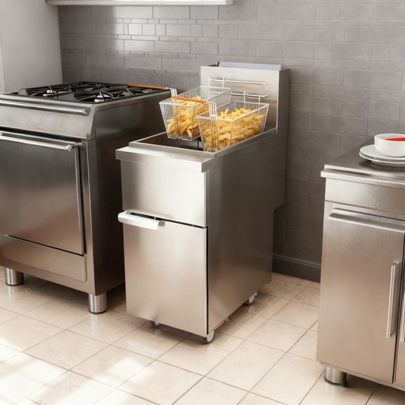 imerelez 120,000 BTU Natural Gas Fryer, 50 lbs Capacity Commercial Floor-Standing Fryer with 4 Tubes, Casters & Baskets