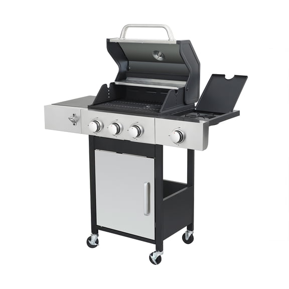 Demi Bonn 3-Burner Propane Gas BBQ Grill with Side Burner, 37230 BTU Output with Wire Enamel Cooking Grids, Stainless Steel Outdoor Gas Grills, Black