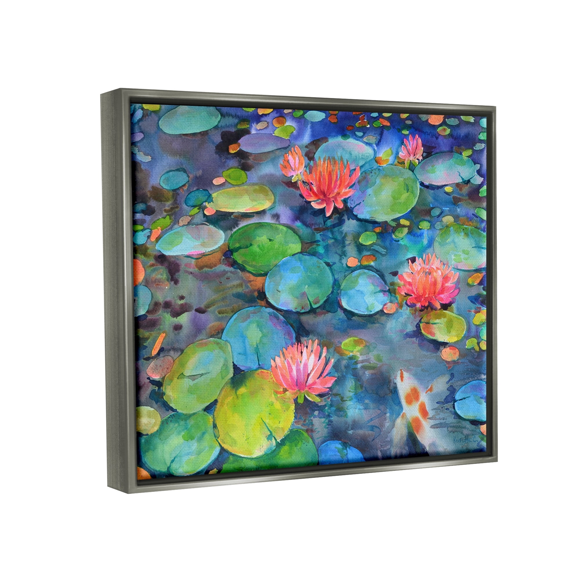 Stupell Industries Vivid Pond Lily Lotus Blossom Koi Fish Pond Painting Luster Gray Floating Framed Canvas Print Wall Art, Design by Marietta Cohen Art and Design