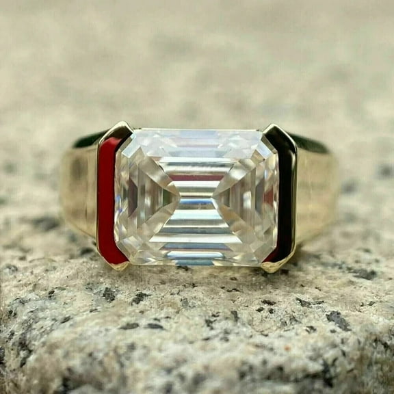2.50CT Emerald Cut Diamond Men's Wedding Ring 14k Yellow Gold Finish 925 Silver