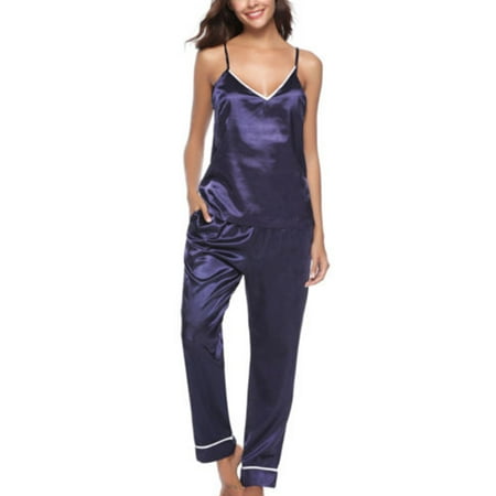 

Women Silk Satin Pajamas Set 2 Pcs Sleepwear Sexy V-Neck Sleeveless Sleepwear Lingerie Camisole Pants Set Nightwear