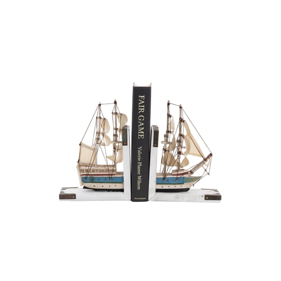 DecMode 6" Sail Boat White Wood Bookends with Real Boat Rigging and Gold Corners (Set of 2)