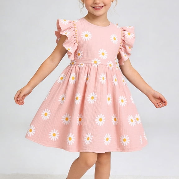 Cethrio Girls Cotton Dresses, Casual Princess Mid-length Flutter Sleeve Summer Dresses Pink Size 6-7T