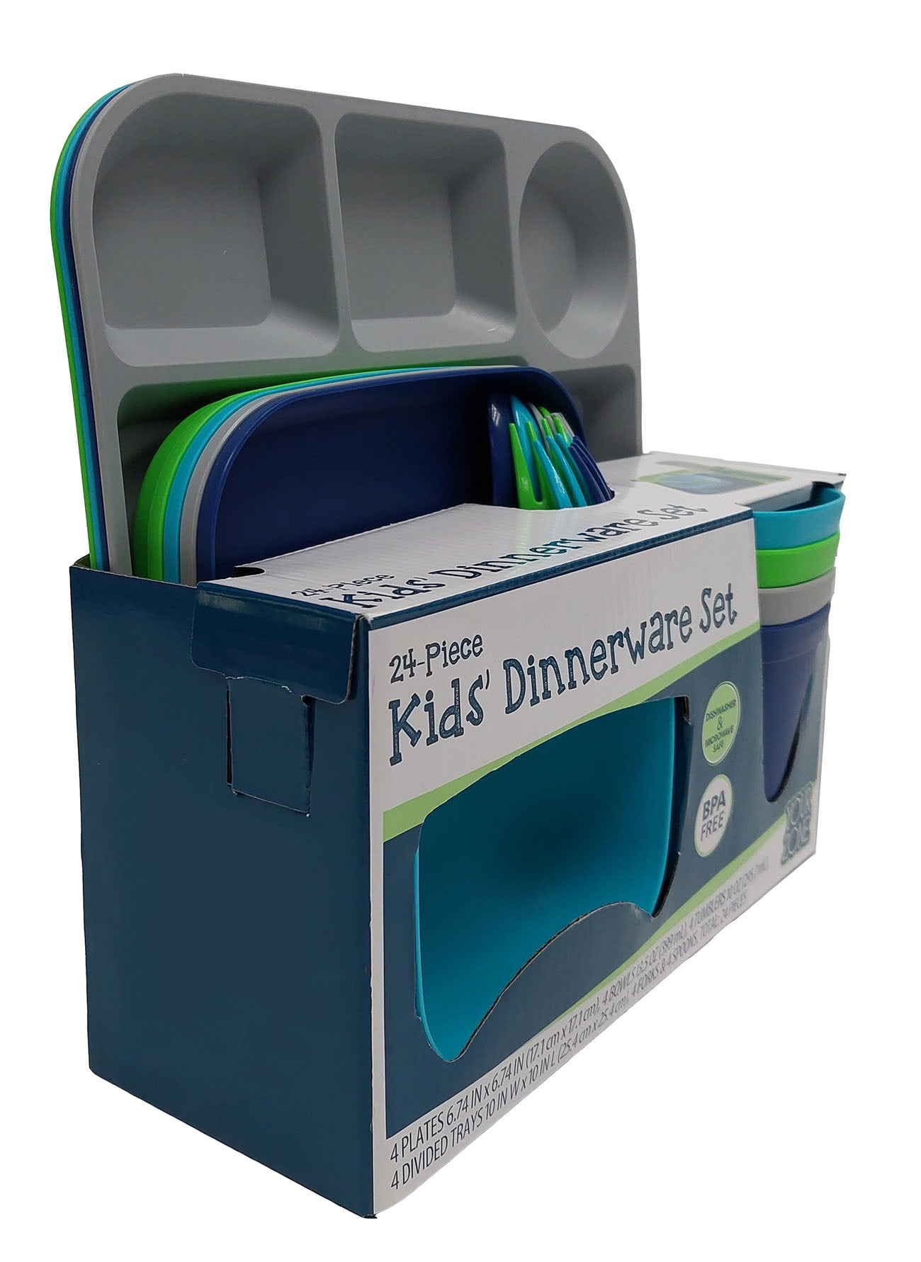 Your Zone 24 Piece Plastic Dinnerware Set for Kids with 4 each Trays, Bowls, Plates, Cups, Forks, Spoons in Bright Green, Teal, Gray, Navy