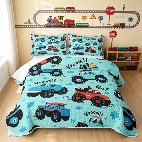 Erosebridal Monster Truck Twin Quilt Set, Off-Road Twin Coverlet Set, Light Blue 2pcs 1 Bedspread and 1 Pillowcase