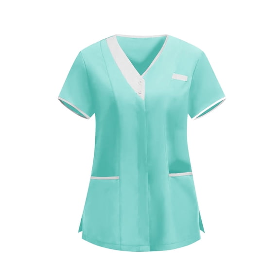 qucoqpe Summer Scrub Tops for Women Loose Colorblock Button Wrap V-Neck Short Sleeve Workwear Stretchy Uniform Shirt with Pockets