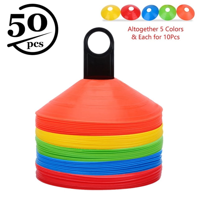 50 conos de fútbol de 7,5 pulgadas de diámetro y 2 pulgadas de alto, flexibles, de polietileno de baja densidad, con base redonda y colores surtidos