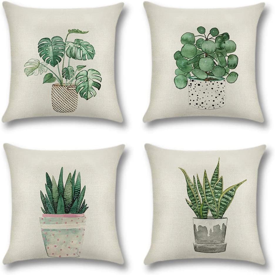 QIQIANY Set of 4 Decorative Green Plant Leaf Throw Pillow Covers Linen Fabric Modern Farmhouse Green Leaf Throw Pillow Cases Cushion Covers for Sofa Bed Car Chair Living Room Green/18x18 Inch
