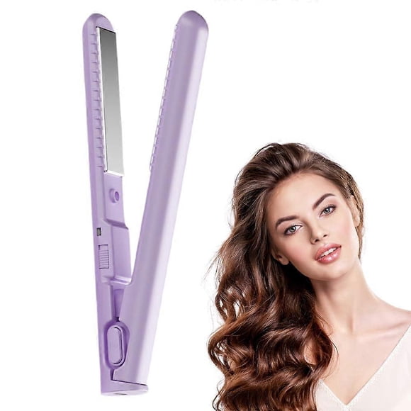 Mini Curling Iron 2 in 1 Hair Straightener and Curler with Ceramic Heat, USB Powered Travel Size Purple