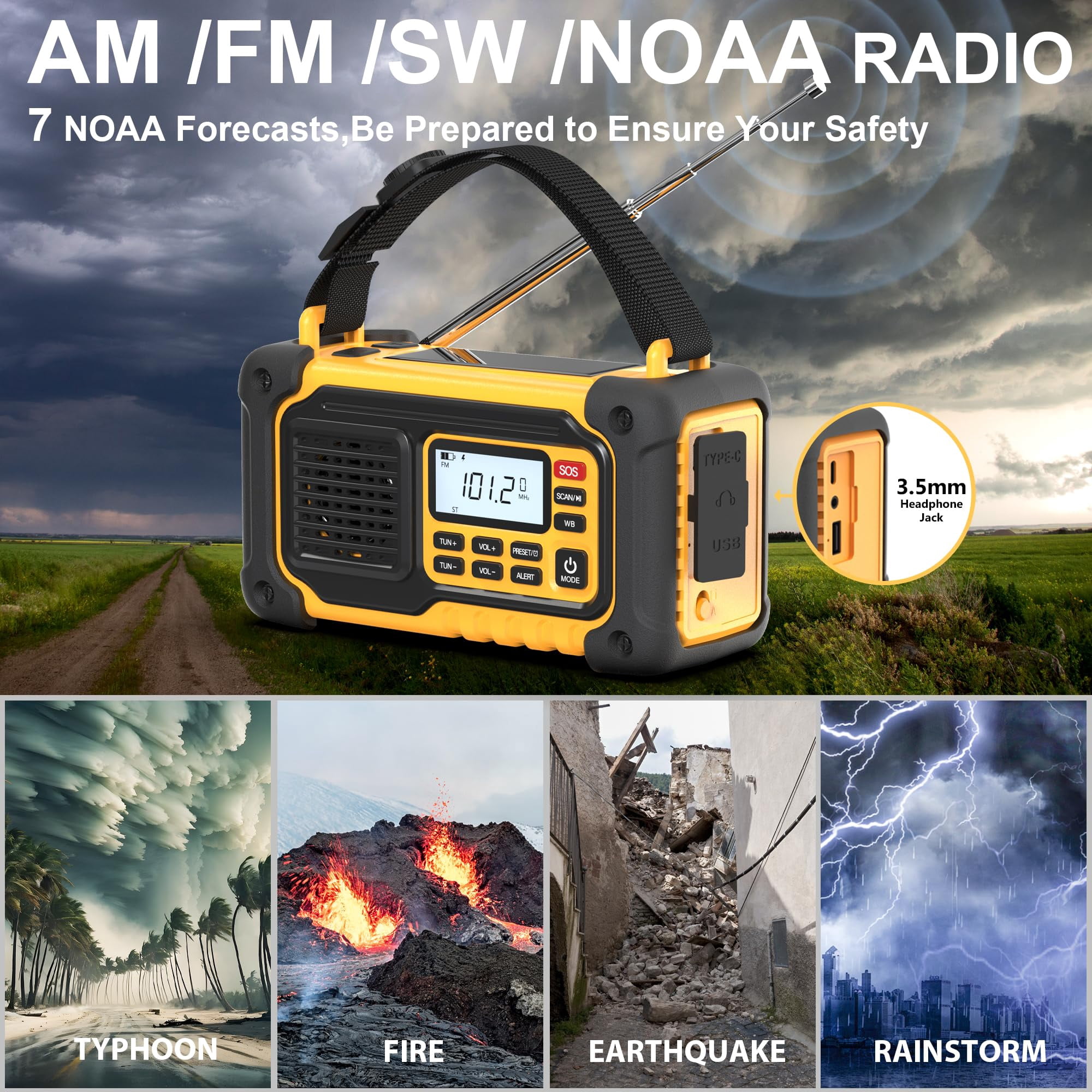 Emergency Weather Radio  Am/fm/sw/noaa Hand Crank With 37000mwh/10000mah Portable Large Capacity Usb/solar/hand Charging Aaa Operated Sos Alarm & Flashlight (yellow)
