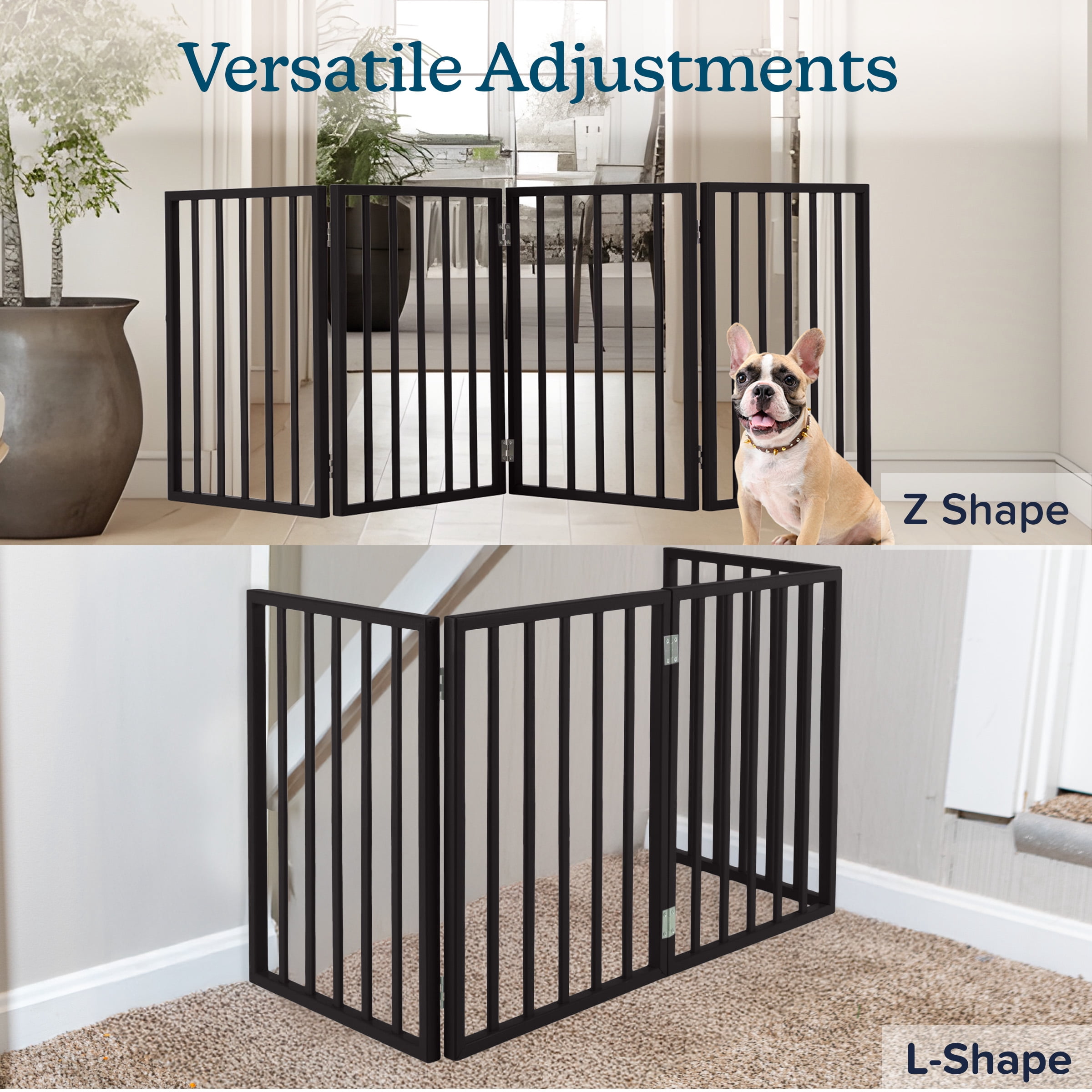 4-Panel Indoor Pet Gate for Dogs and Small Pets, Foldable Freestanding Dog Fence for Stairs, Hallways, Doorways, 72 x 24 Inch Wooden Pet Barrier, Black Finish with Easy Storage Panels by PETMAKER