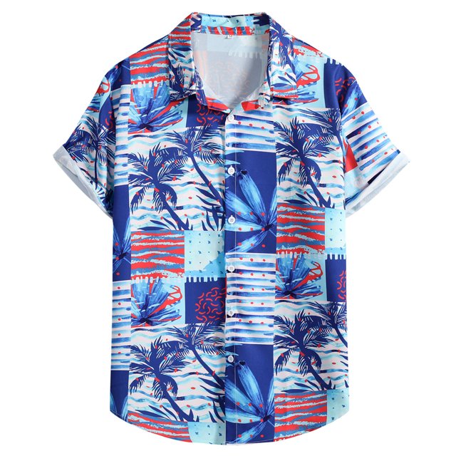 Camisas Para Hombre Manga Corta Camiseta con botones de solapa para playa y playa con estampado hawaiano para hombre, camiseta de manga corta, ropa de playa (Blue, M)
