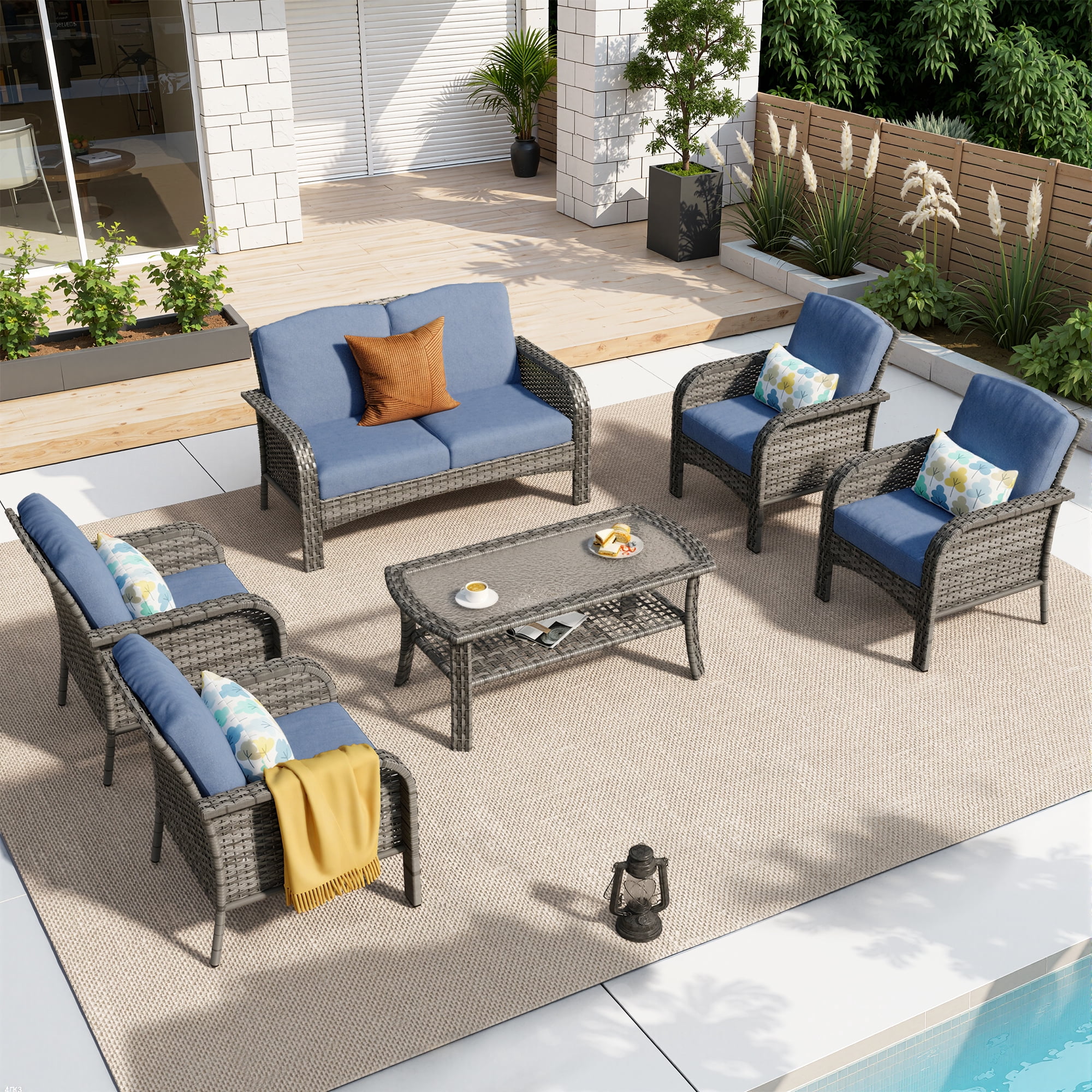 Toject 6 Pieces Patio Furniture Set, Wicker Outside Furniture with Loveseat Table Chairs Set for Porch, All-Weather High Back Outdoor Conversation Set for Backyard, Denim Blue