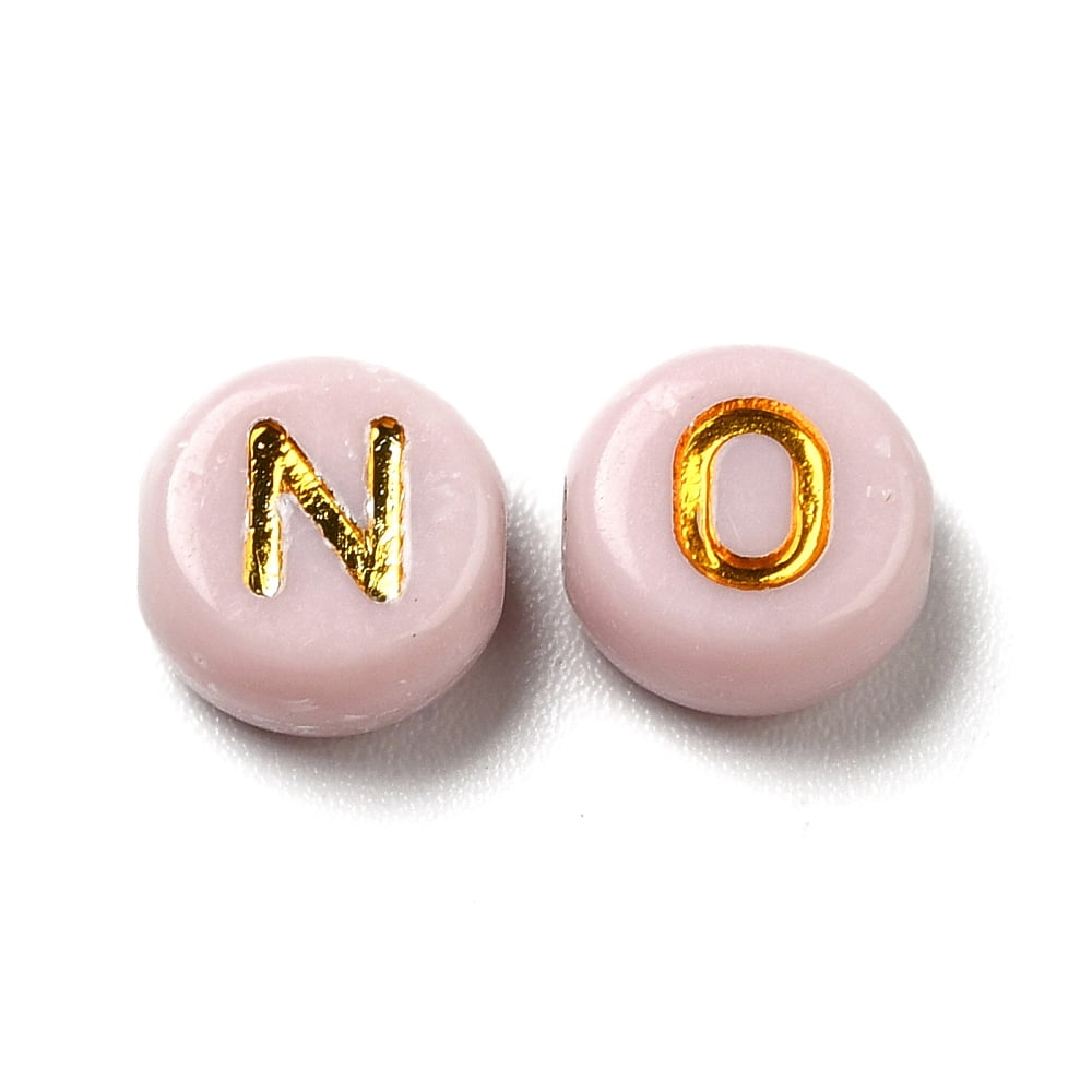 500gs Plating Acrylic Beads Golden Metal Enlaced Horizontal Hole Flat Round with Letter PeachPuff 6.5~7x3.5~4mm Hole: 1.6mm about 3600g/500g DIY