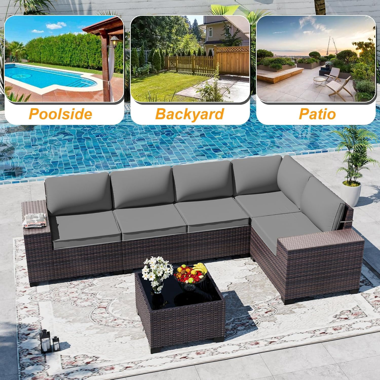 ASJMR 6 Pieces Patio Outdoor Furniture Set All-Weather Rattan Wicker Conversation Outside Sectional Sofa Chair Set With Cushions & Coffee Table,Gray