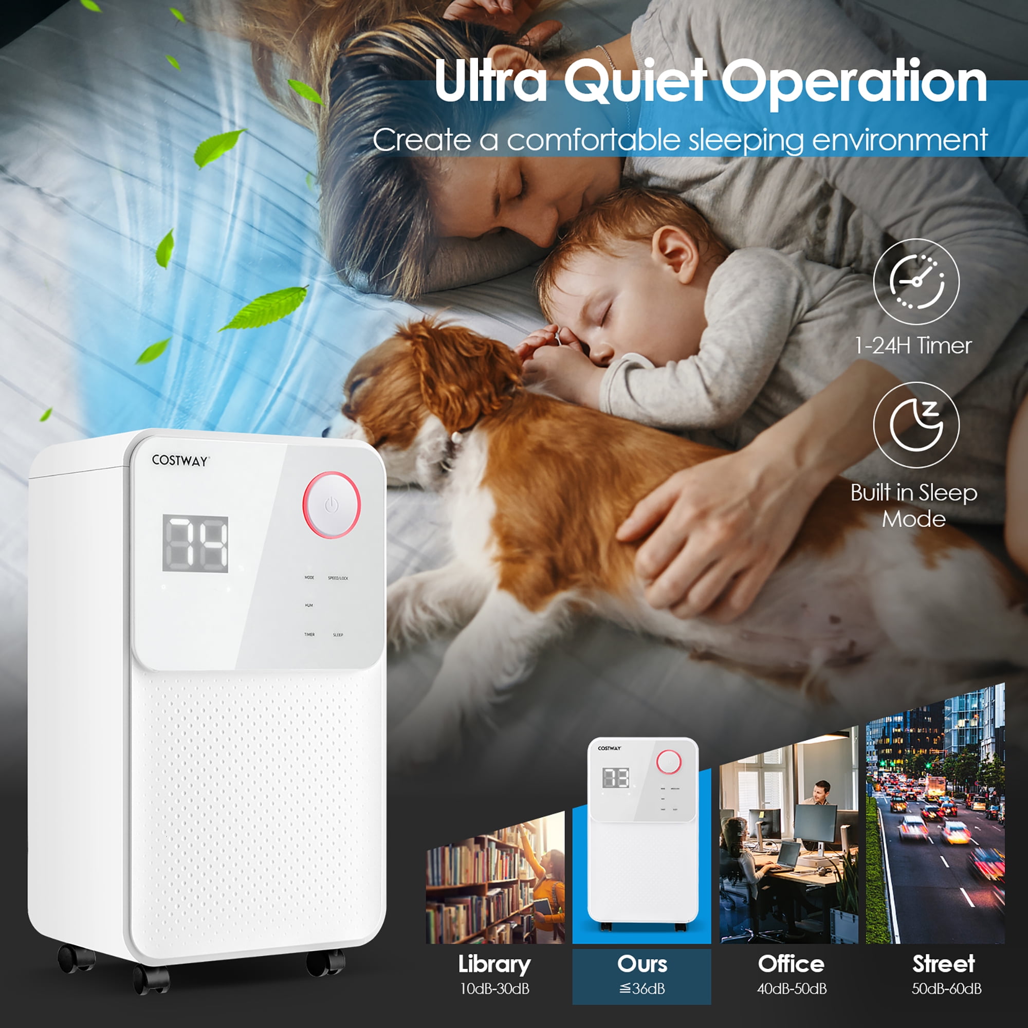 Costway 9-Pint(DOE) Dehumidifier with 3-Color Digital Display 2,000 Sq. ft Coverage Area (MAX 32Pint at 95°F, 90%RH)