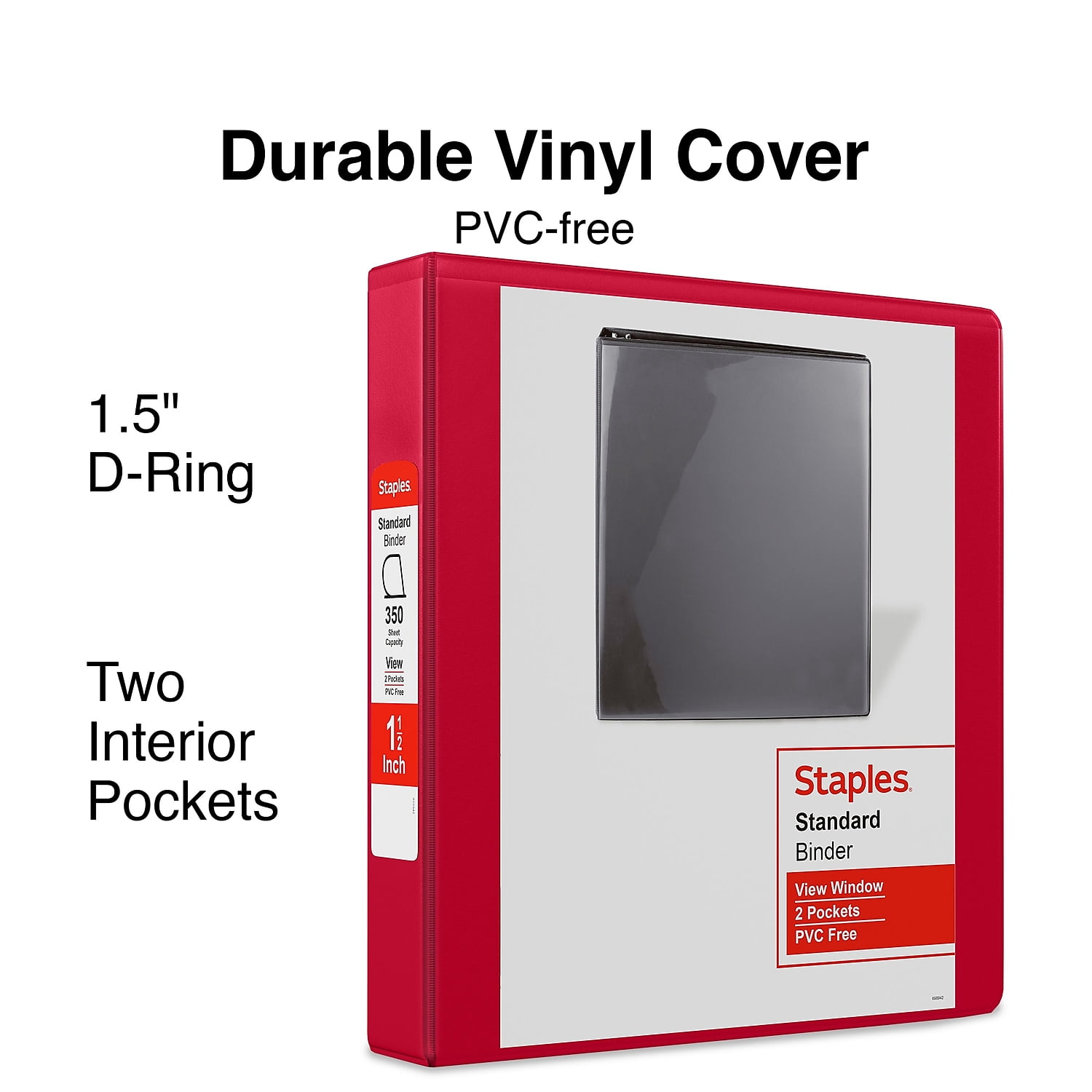 Staples Standard 1.5' 3-Ring View Binder Red (58652) 58684