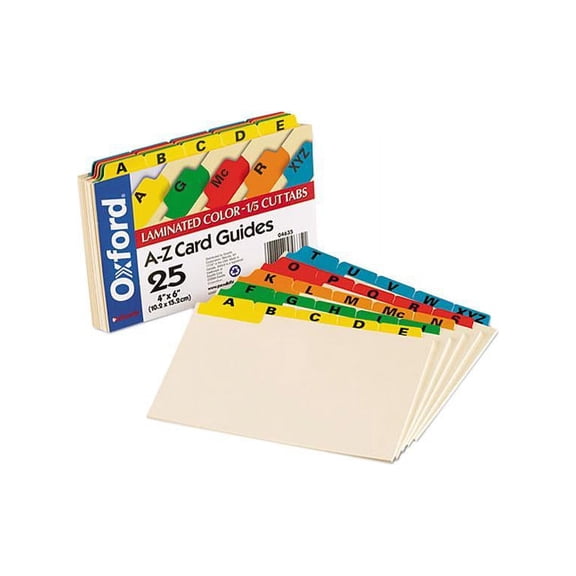 Oxford 04635 Laminated Index Card Guides, Alpha, 1/5 Tab, Manila, 4 x 6, 25/Set