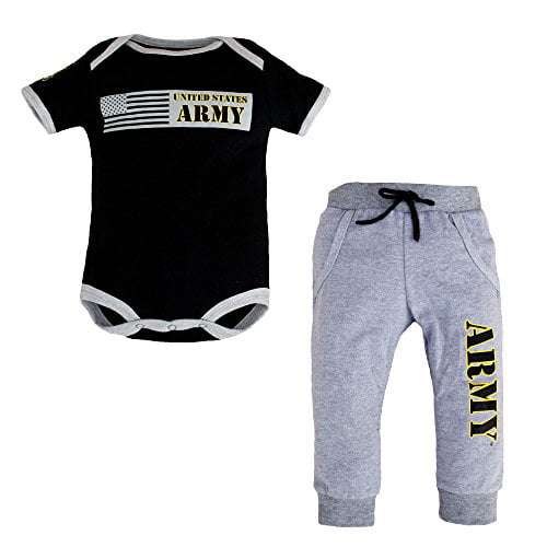 TC U. S. Army 2pc Baby Boys Army Bodysuit Pants Set Black & Gray (0-3 Months)