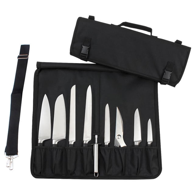 La bolsa para cuchillos de chef (más de 8 ranuras) está acolchada y tiene capacidad para 8 cuchillos MÁS el cuchillo de carnicero, el cuchillo de acero, 4 utensilios y una bolsa con cremalle