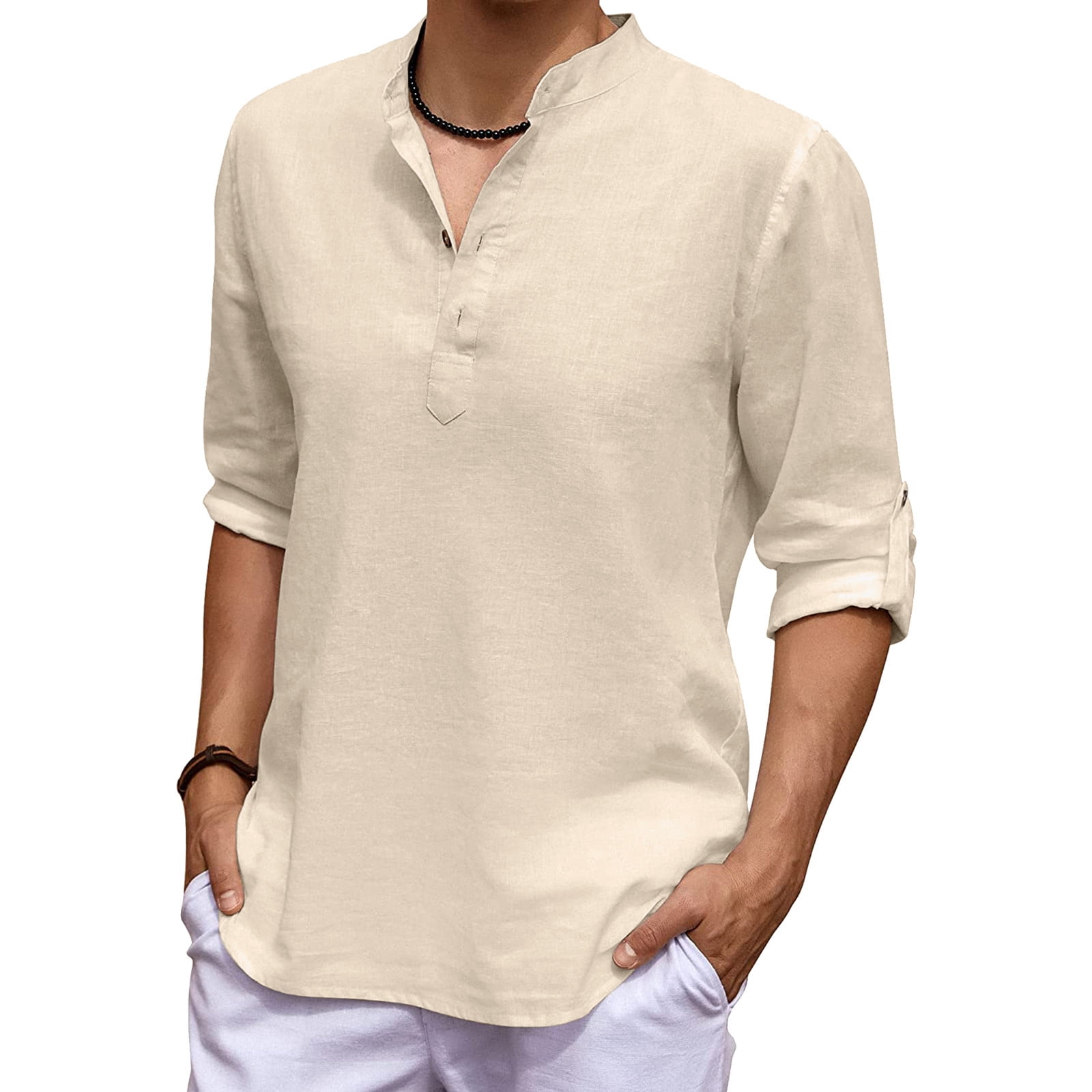 Pgeraug mens shirts Cotton Linen Long Sleeve Hippie Beach Ts With