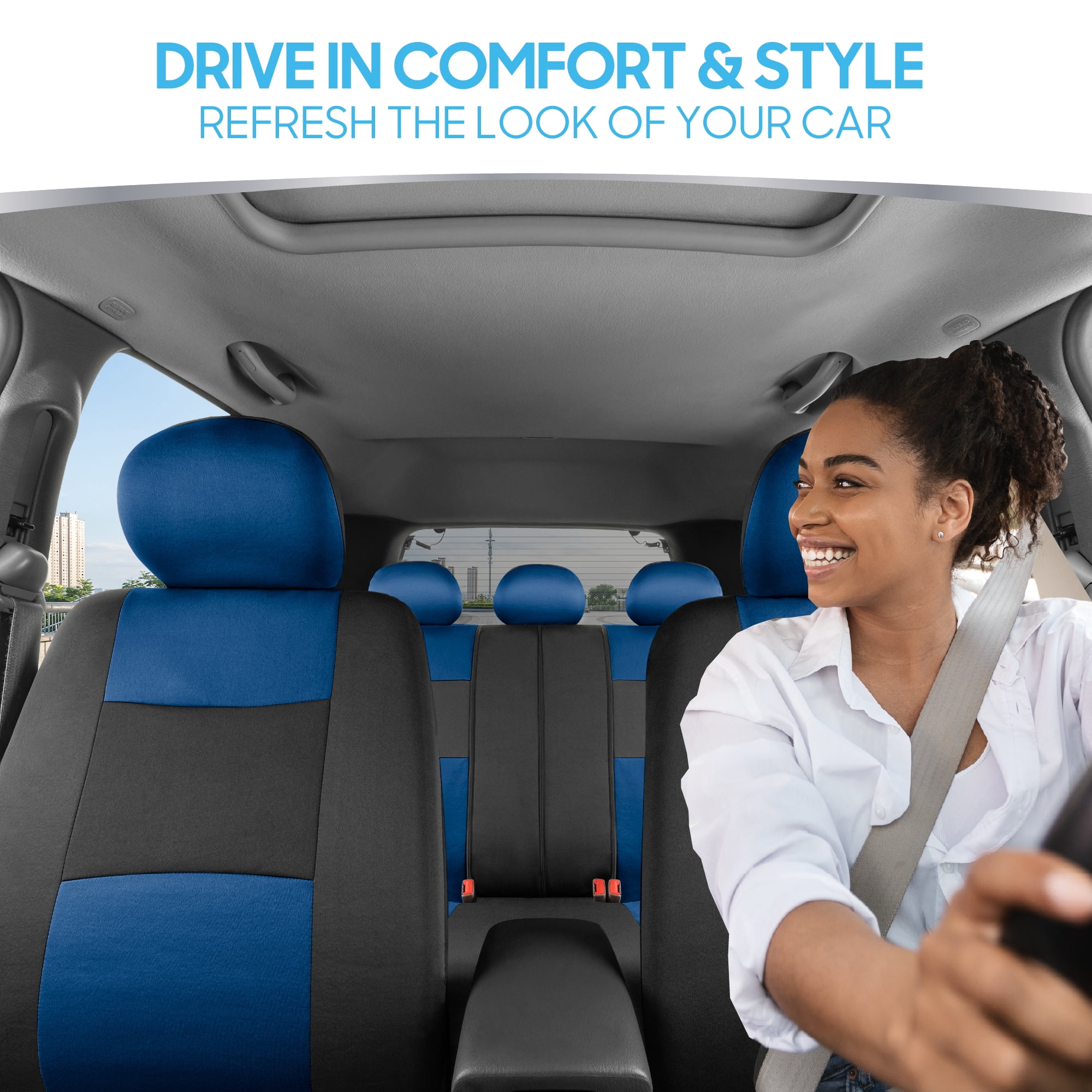 BDK PolyPro Black / Blue Car Seat Covers Full Set with Matching Carpet Floor Mats - Automotive Seat Covers for Cars Trucks SUV - Includes Split Bench Rear Seat Cover - Interior Car Accessories