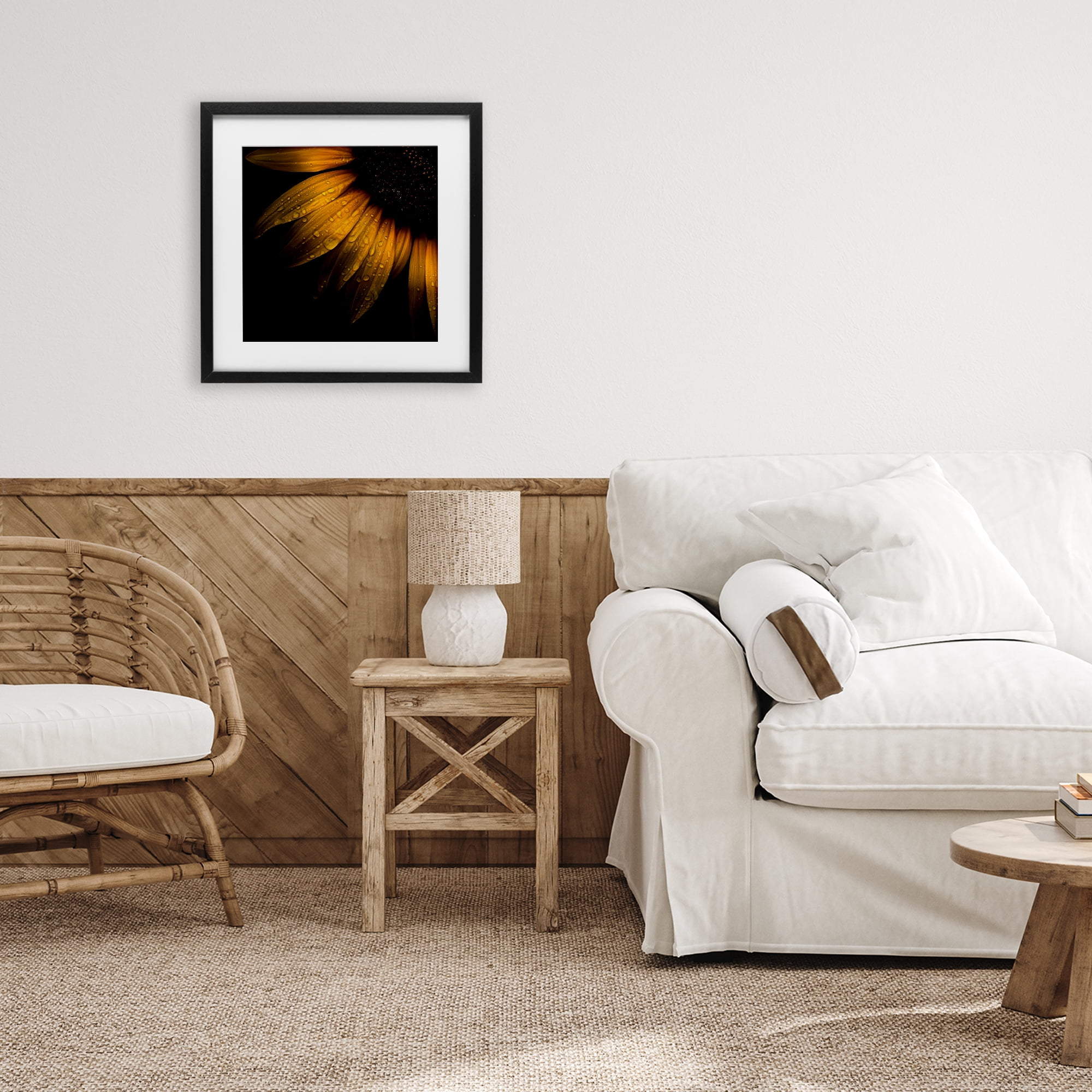 Sunflower Detail with Droplets Black Framed Print Under Glass, design by Brian Carson Photography