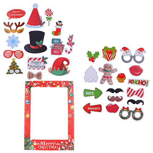 Amosfun 32 Pcs Christmas Photo Booth Props Xmas Photo Props with Picture Frame DIY Selfie Props Christmas Holiday Party Supplies Favors Bachelorette Wedding