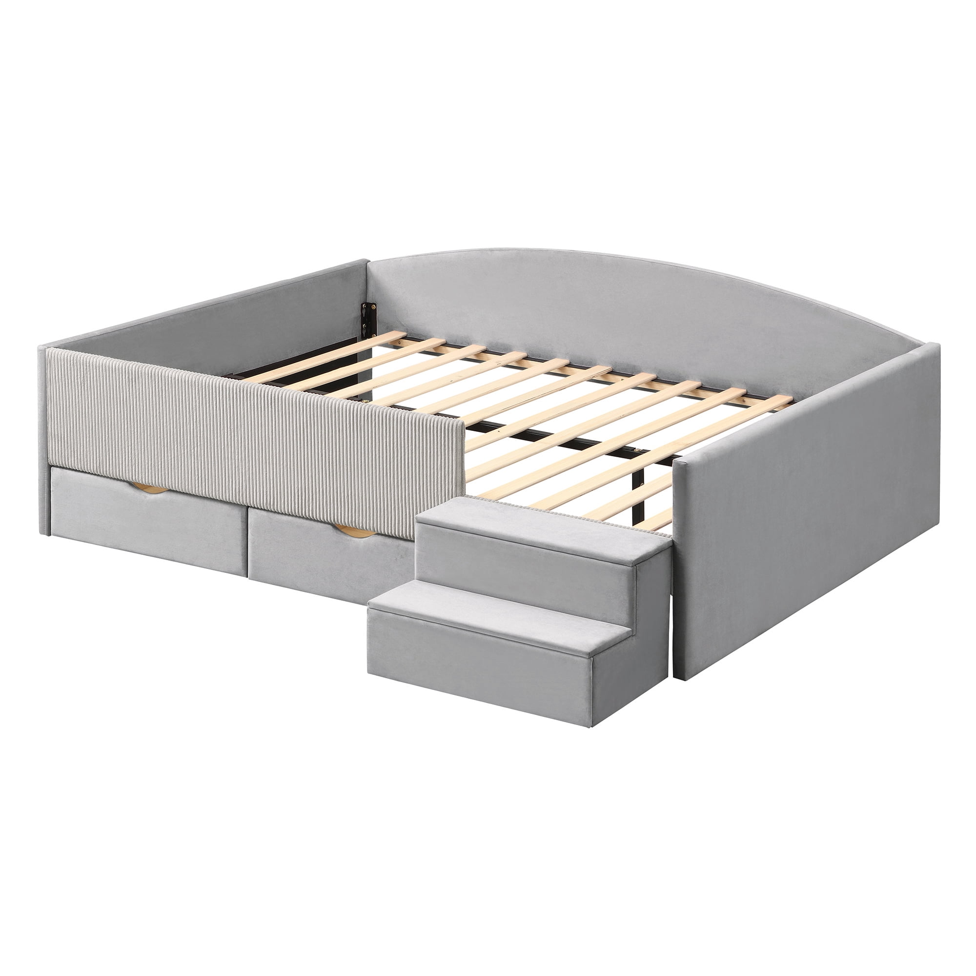 Mintazer Full Size Cute Upholstered Floor Daybed Frame with Safety Guardrail & 2 Storage Drawers & Stairs for Teens Kids, Gray